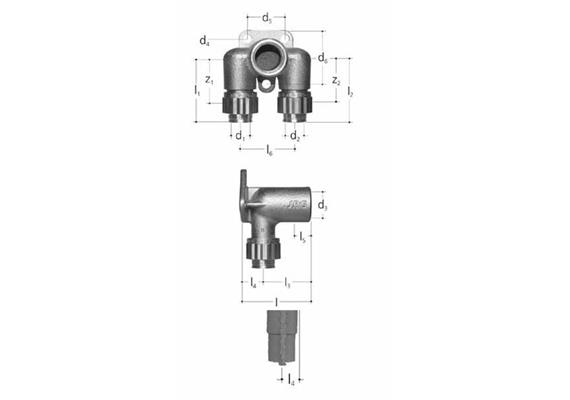 Armaturenanschluss, doppelt aus Rotguss, mit Innengewinde GN-d1-d2-l ½-12-12-50