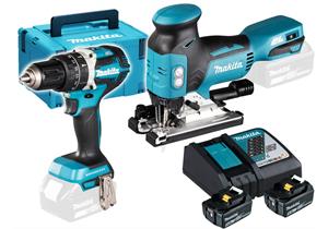 MAKITA Akku-Schlagbohrschrauber + Pendelhub-Stichsäge SET inkl. 2x 5,0 Ah Akku + Ladegerät