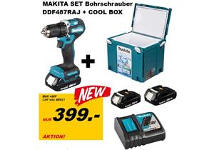Makita Bohrschrauber DDF487 18V + Cool Box 18L + 2x 2.0Ah Akku + DC18RC Schnelladegerät