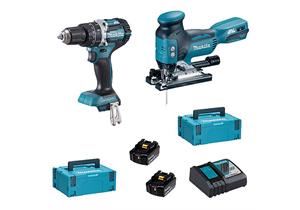 Makita Set Schlagbohrschrauber + Pendelhub-Stichsäge, 2 Akku 5,0 Ah, Ladegerät DC18RC