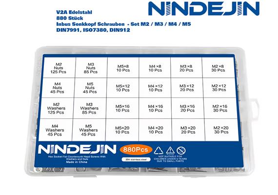 NINDEJIN Inbus Senkschrauben Set 880 Stk. M2/M3/M4/M5 V2A Edelstahl