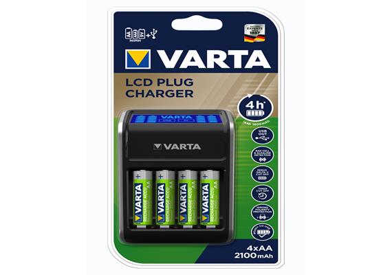 VARTA Batterieladegerät LCD Plug Charger lädt 2 oder 4 AA AAA oder 1x 9V Batterie - EHD