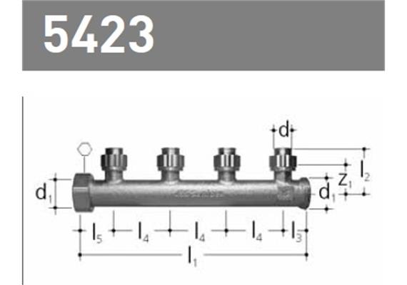 Verteiler 4-fach für max. 24 BW Ø16 aus Rotguss, mit Mutter, Dichtung, AG, Bördelverschr.