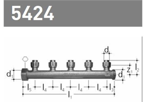 Verteiler 5-fach für max. 24 BW Ø16 aus Rotguss, mit Mutter, Dichtung, AG, Bördelverschr.