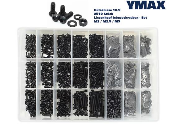 YMAX Inbus Linsenkopf-Schrauben Set 2510 Stk. M2/M2.5/M3 schwarz